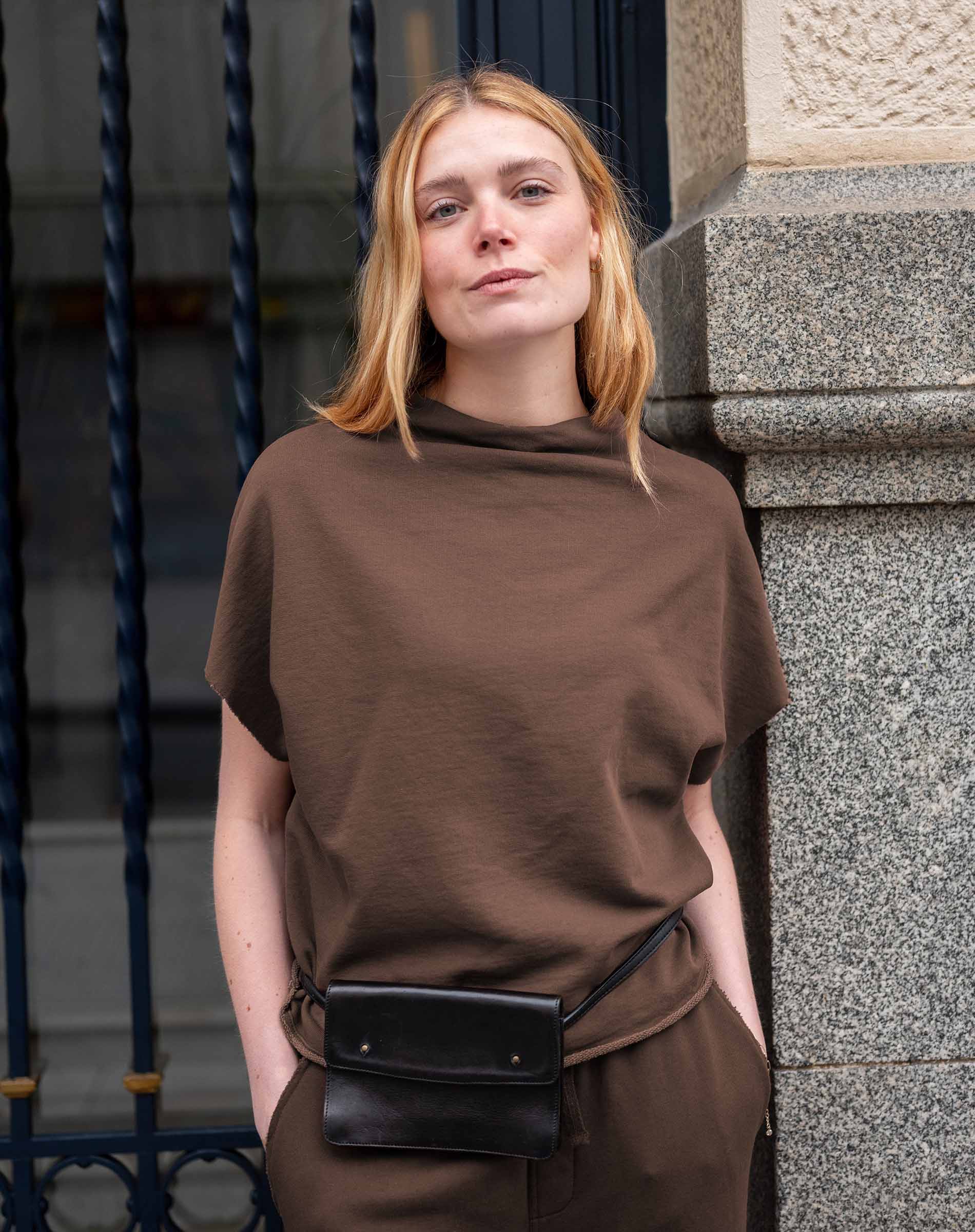 Espresso brown dolman sleeve knit top with a wide neckline