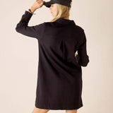 Back view of women's travel-friendly black knit Frenchie dress with a high neckline and relaxed fit