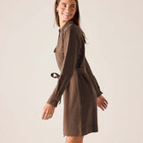 Espresso brown relaxed fit knit Frenchie dress with belted waist and long sleeves.