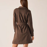Back view of a espresso brown button-down shirt dress with a matching belt and collared neckline.