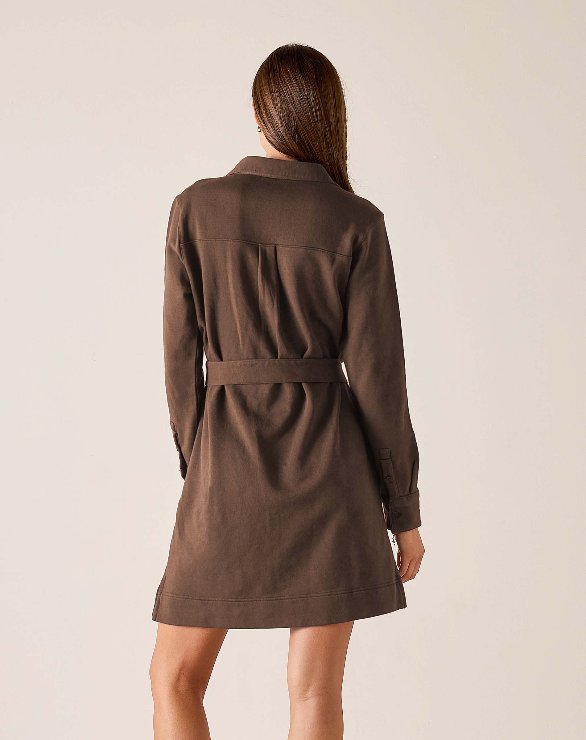 Back view of a espresso brown button-down shirt dress with a matching belt and collared neckline.