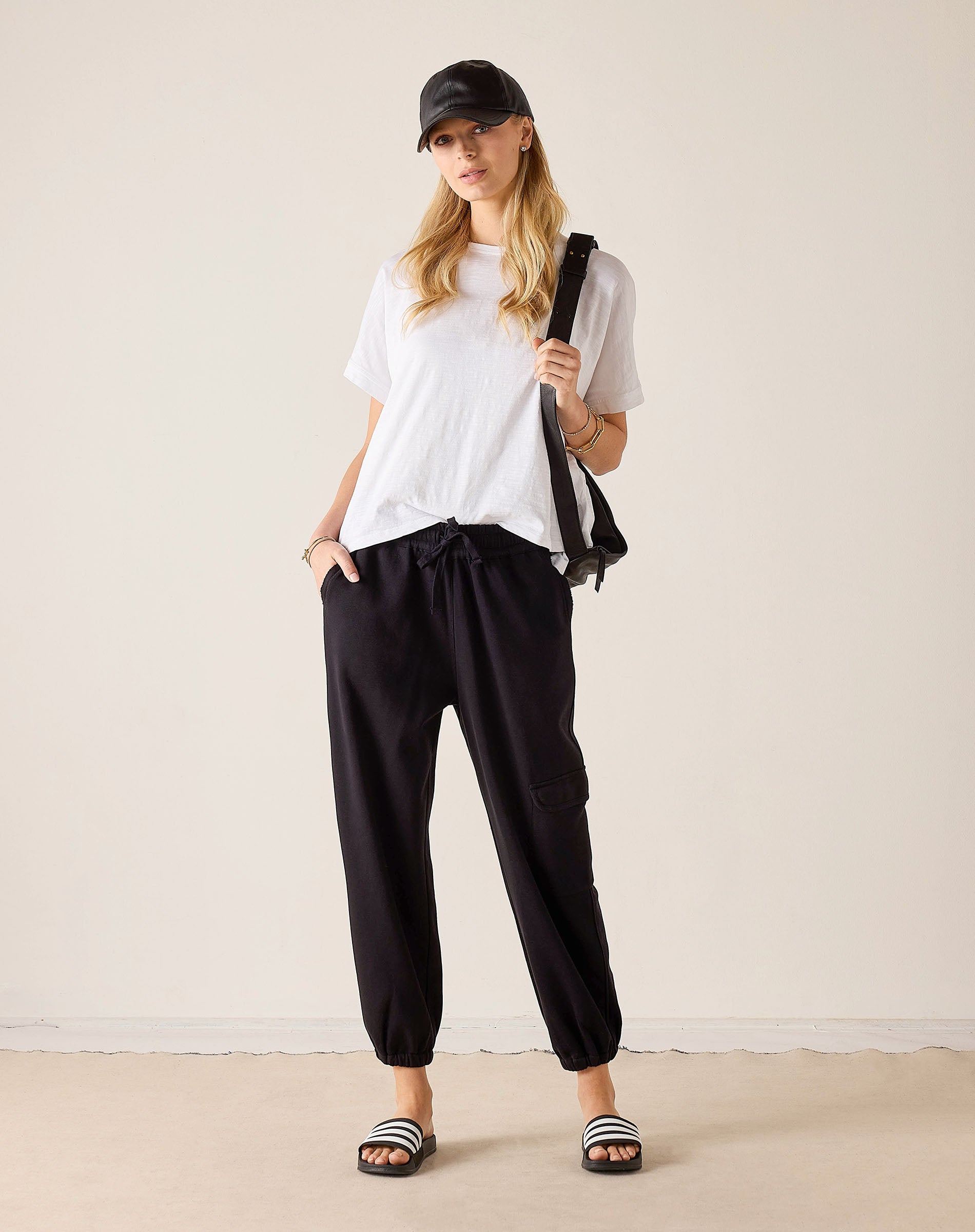 Black jogger pants with a cinched hem and side pockets.