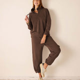 Espresso brown knit half-zip pullover and matching jogger set.