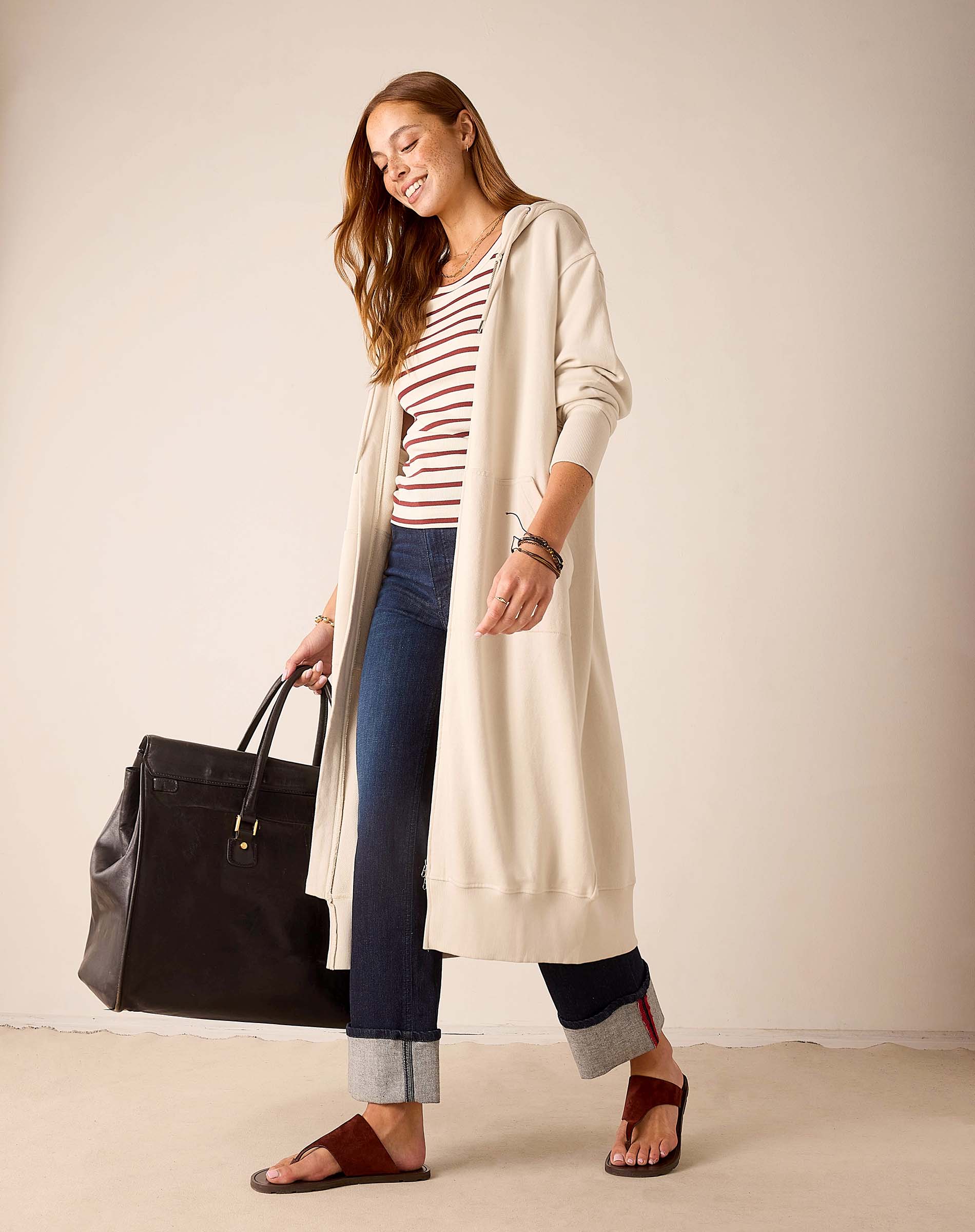 Bone colored maxi hoodie with a longer back hem and hood.