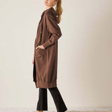 Espresso brown hoodie maxi length with a pocketed front and a hood.