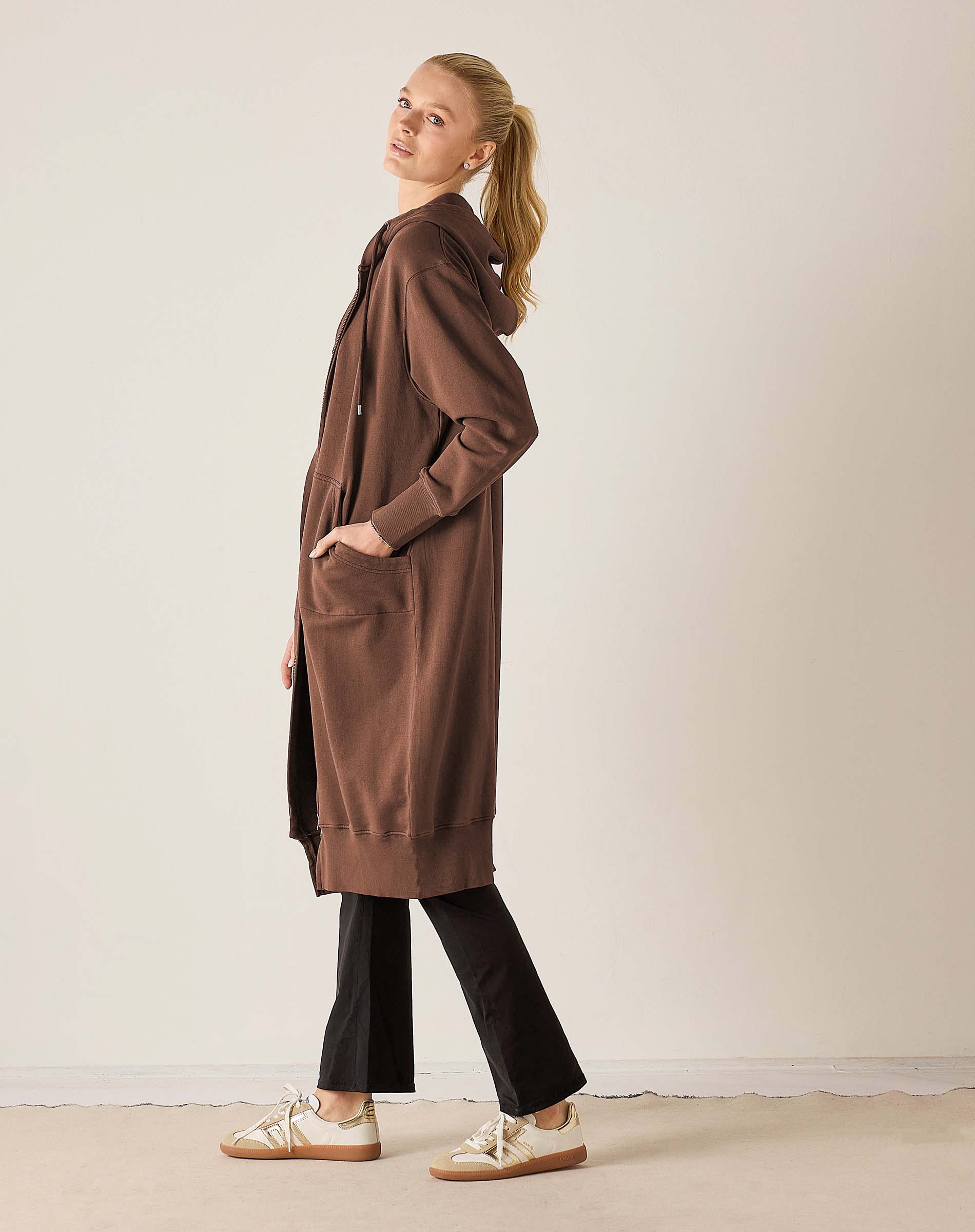 Espresso brown hoodie maxi length with a pocketed front and a hood.