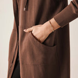 Espresso brown maxi hoodie with a front zipper and large patch pockets.
