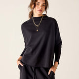 Black mockneck knit top with a relaxed fit.
