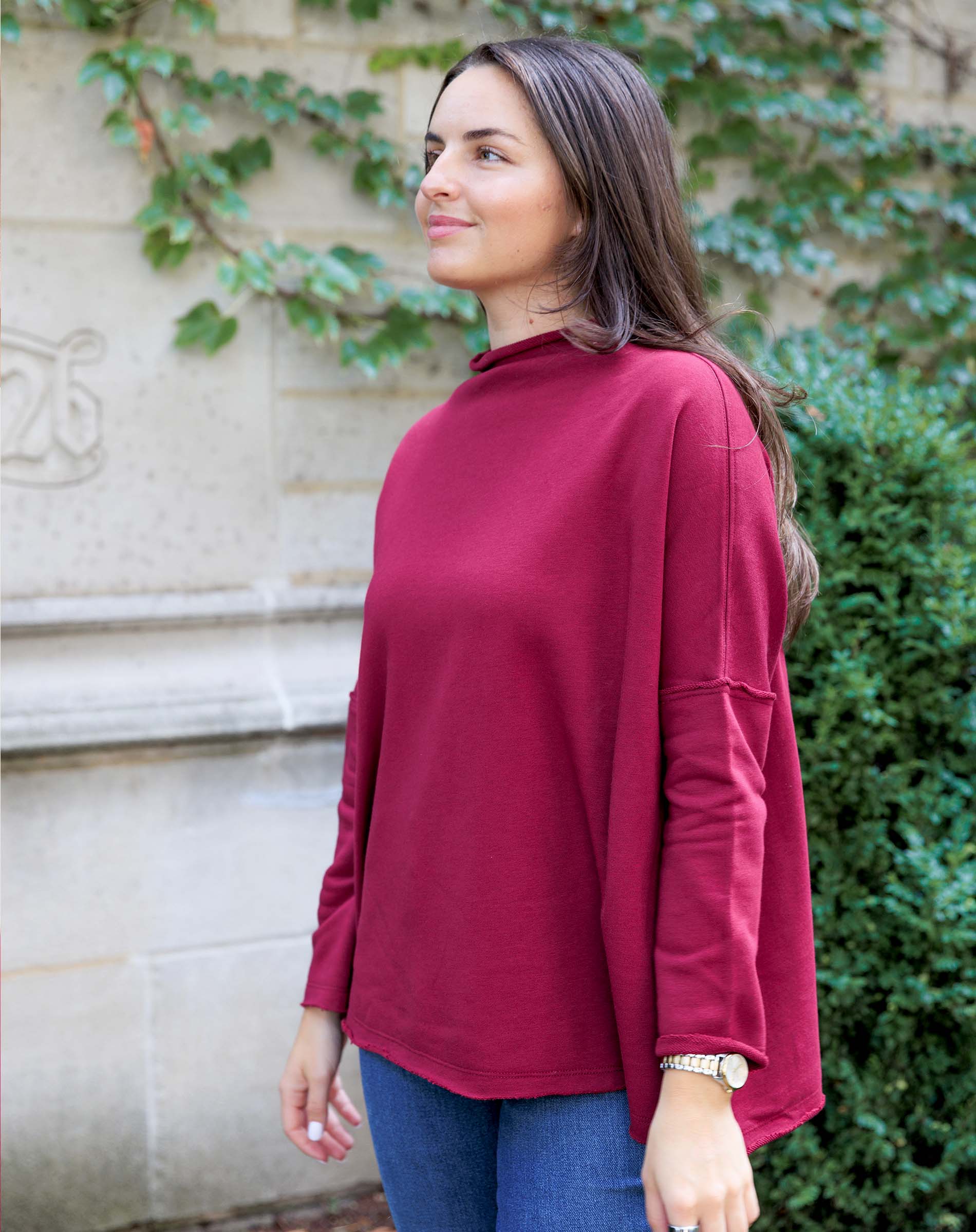 MERSEA women's travel-friendly winterberry mockneck tunic with long sleeves and a relaxed fit.