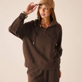Espresso brown quarter-zip knit pullover with a cozy high neck.
