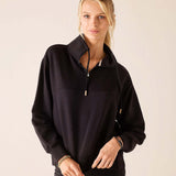 MERSEA ladies' travel-ready black quarter-zip sweatshirt with a tall collar and athletic fit.