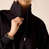 Black Frenchie quarter-zip sweatshirt with a high collar and gold-tipped drawstrings.