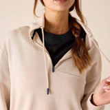 MERSEA ladies' travel-ready bone quarter-zip sweatshirt with a hood and drawstring.