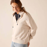 Bone quarter-zip sweatshirt with a tall collar and long sleeves.