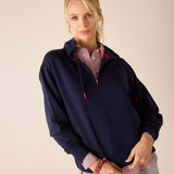 Cadet blue quarter-zip sweatshirt with a checkered button-down shirt layered underneath.