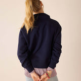 Back view of the cadet blue quarter-zip sweatshirt with a ribbed neckline and cuffs.
