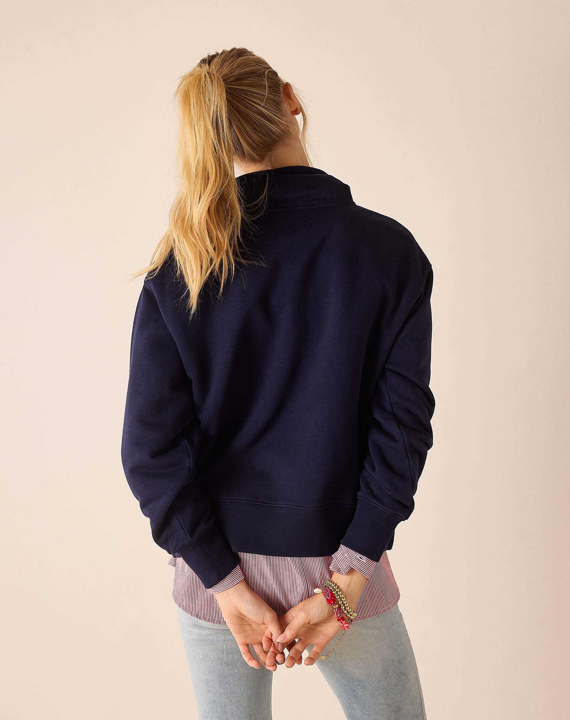 Back view of the cadet blue quarter-zip sweatshirt with a ribbed neckline and cuffs.