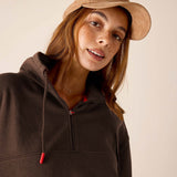 Espresso brown quarter-zip sweatshirt with red drawstring tips and a hood.