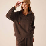 Espresso quarter-zip sweatshirt with a hood and matching joggers.