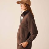 Espresso quarter-zip sweatshirt with a high collar and long sleeves.