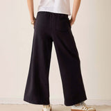 Black wide-leg trousers with a relaxed fit and front pocket detail.