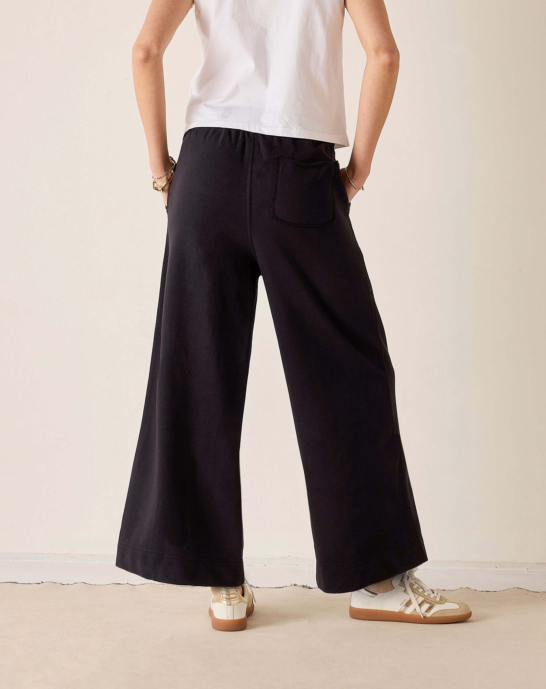 Black wide-leg trousers with a relaxed fit and front pocket detail.