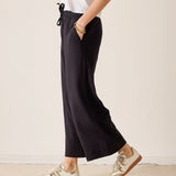 MERSEA ladies' travel-ready black wide-leg trousers with a high waist and drawstring tie