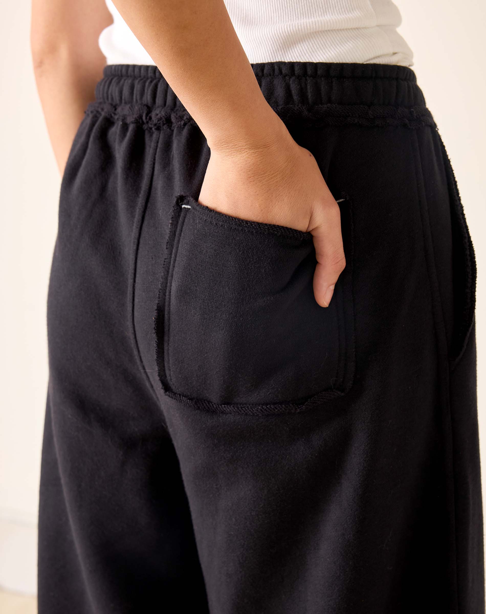 Person wearing black pants with a pocket, on a plain background