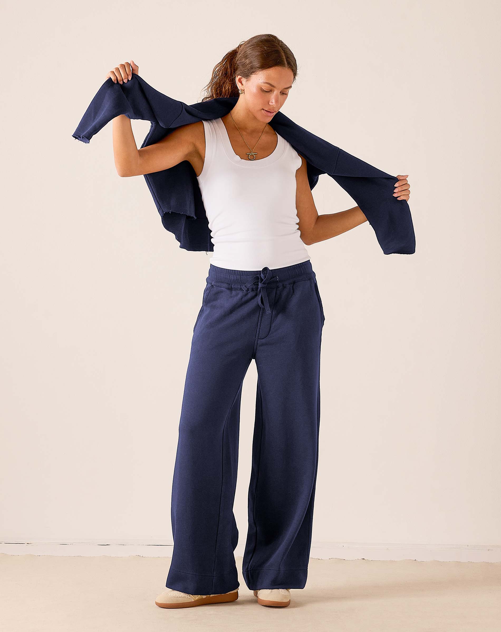 MERSEA women's travel-friendly cadet blue wide-leg pants with a high-waisted fit and gathered waist.