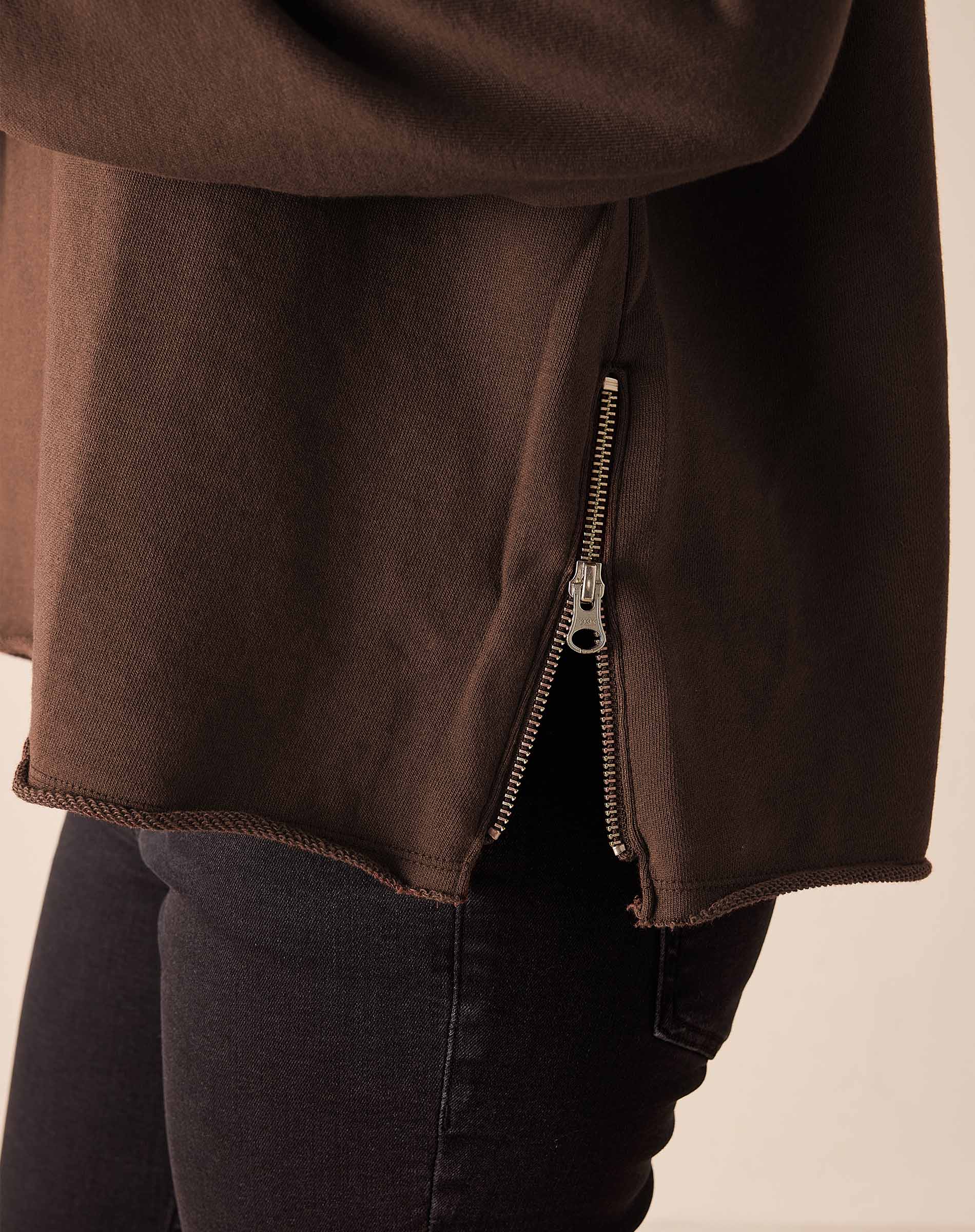 Espresso knit crewneck top with a zipper side detail