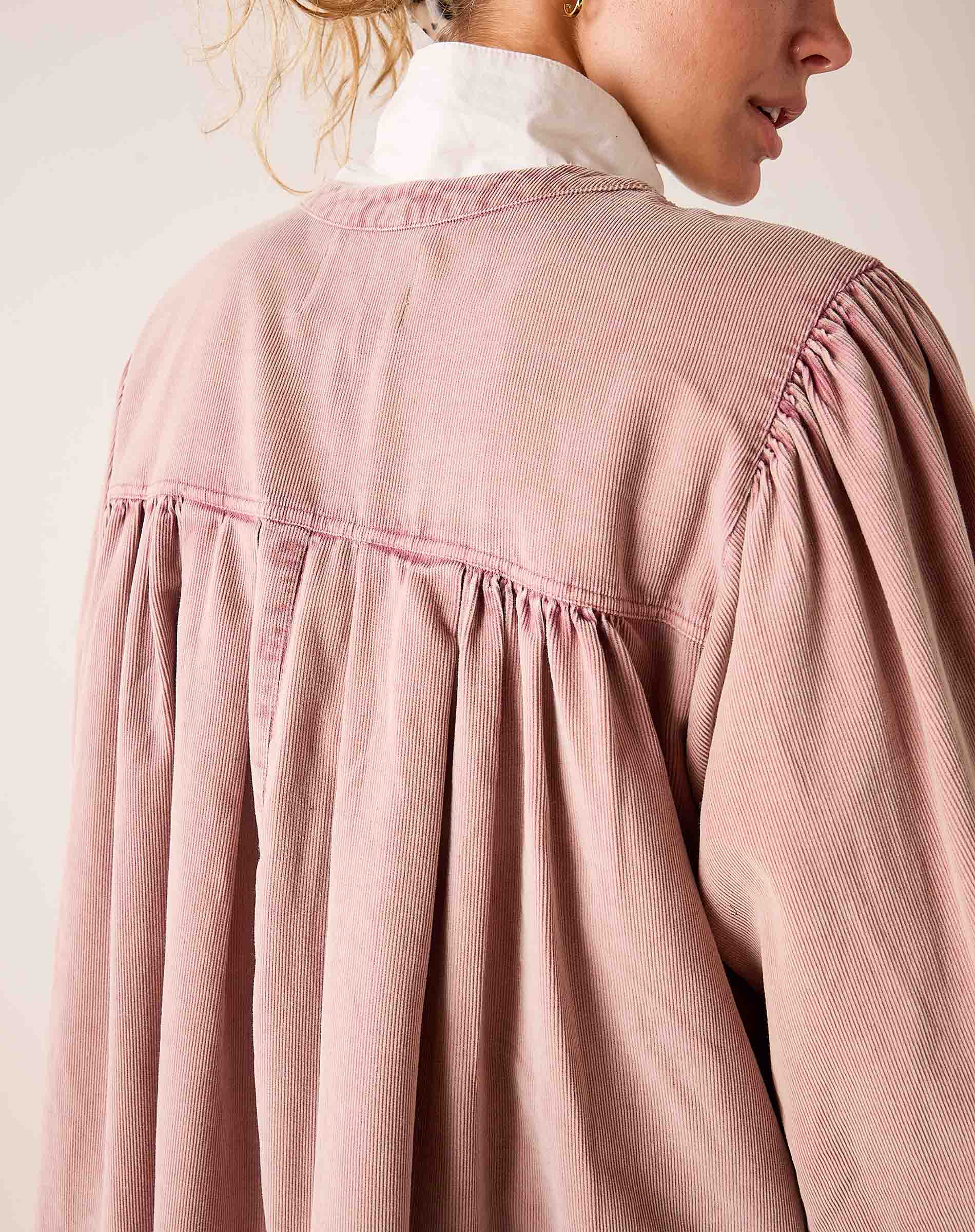 Blush pink striped cotton oversized shirt with gathered yoke and gathered sleeve details