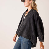 Noir charcoal grey oversized tunic style shirt with balloon sleeves and subtle gathered details.