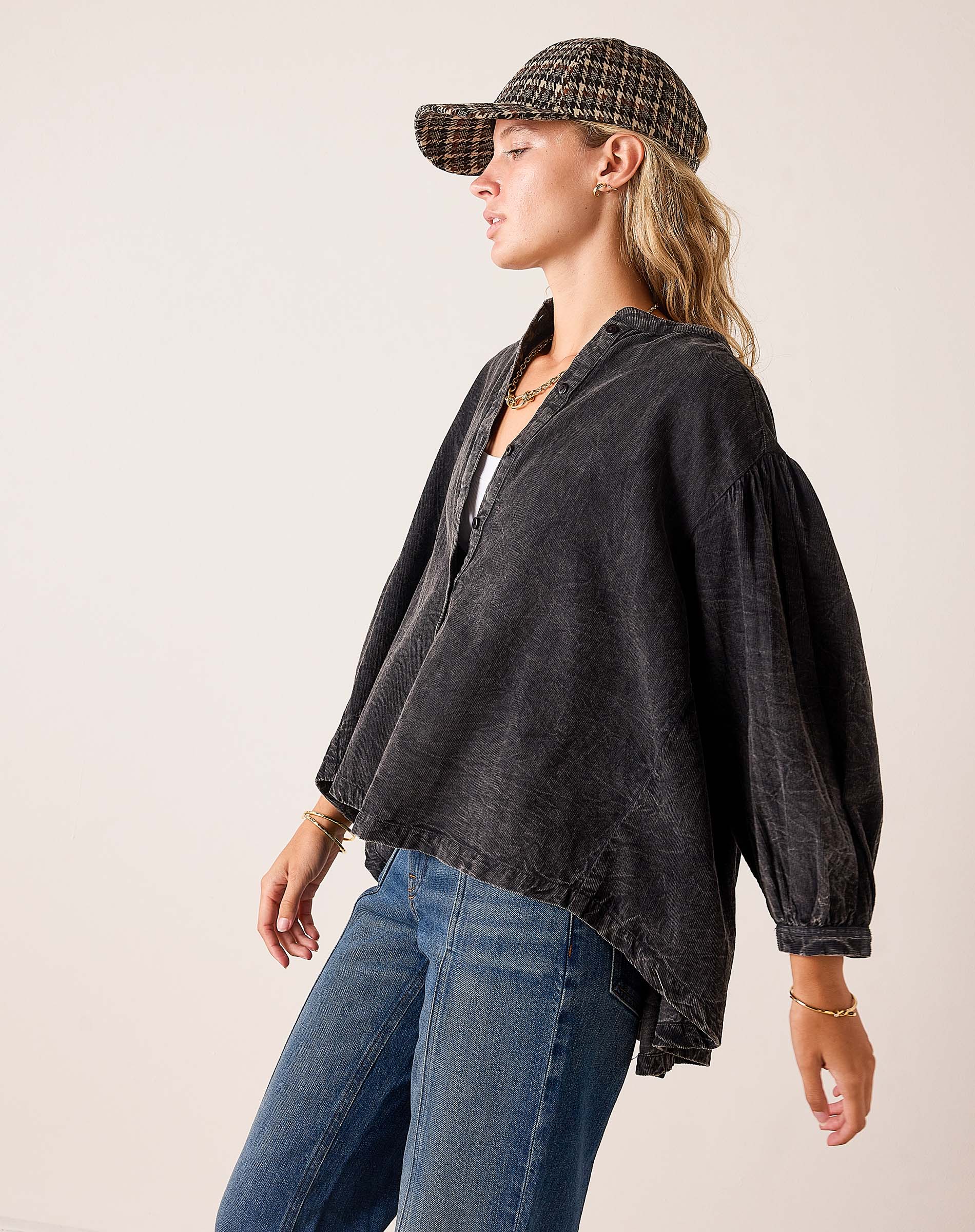 Noir charcoal grey oversized tunic style shirt with balloon sleeves and subtle gathered details.