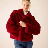 Garnet colored oversized plush fleece jacket with a wide collar.