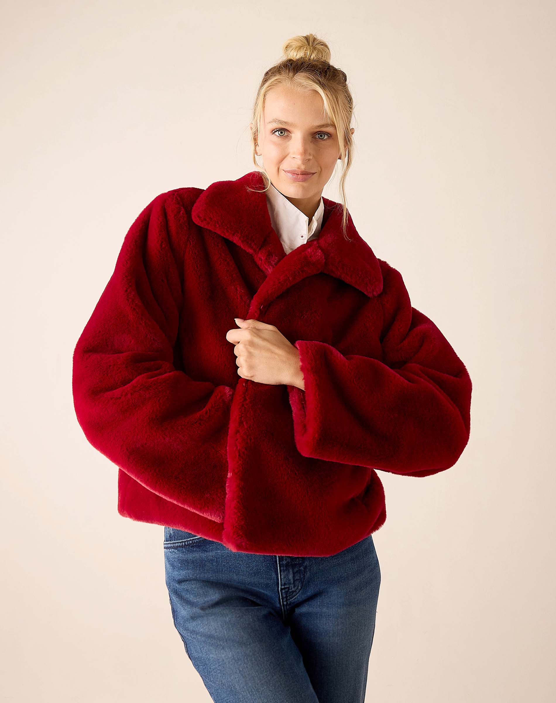 Garnet colored oversized plush fleece jacket with a wide collar.