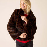 Ladies' travel-ready leopard print faux fur jacket in dark brown and tan.