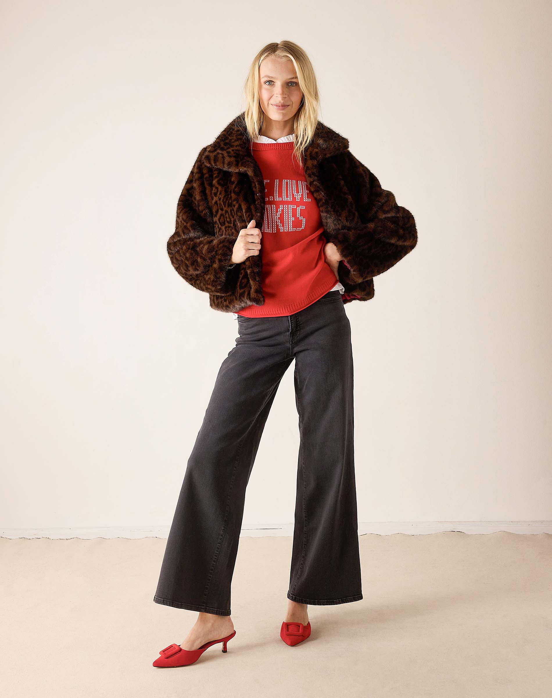 Leopard print faux fur jacket in mocha brown.