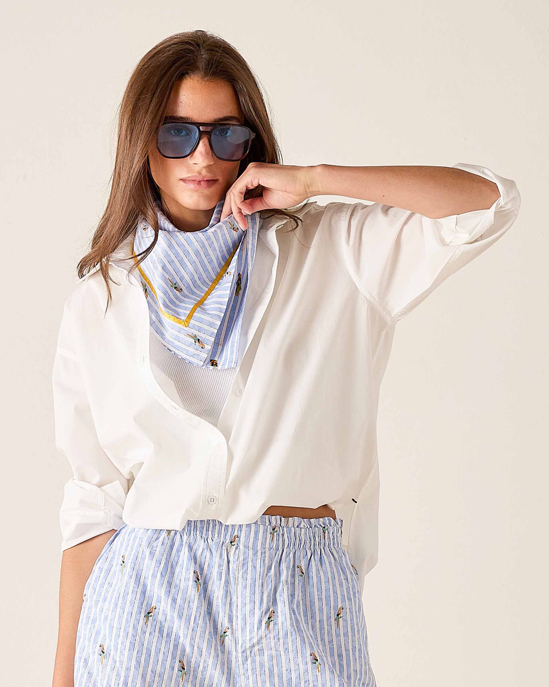 Woman wearing a white blouse, blue striped scarf, and light blue pants with a white background