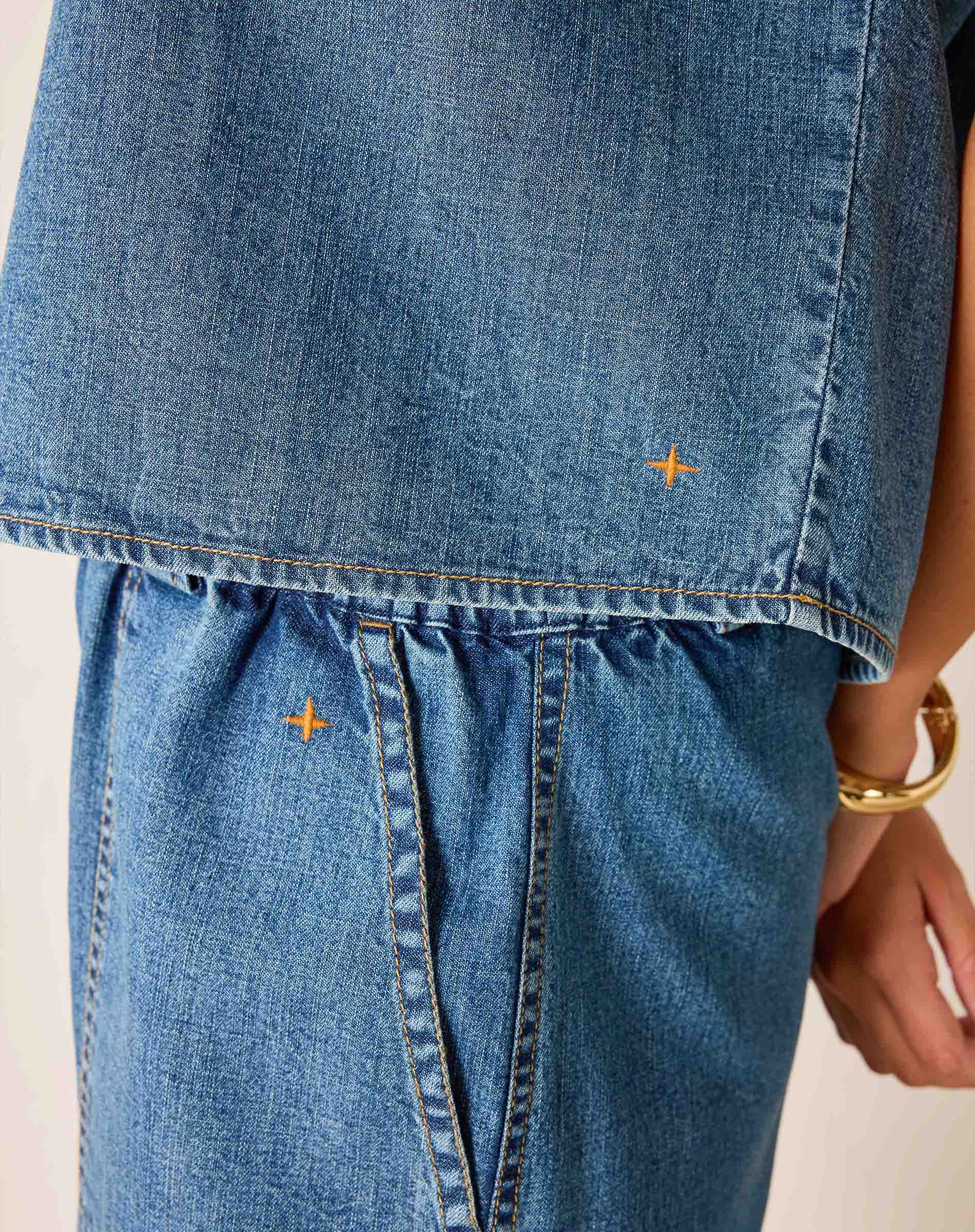 Close-up of blue denim shorts with gold stitching on a neutral background