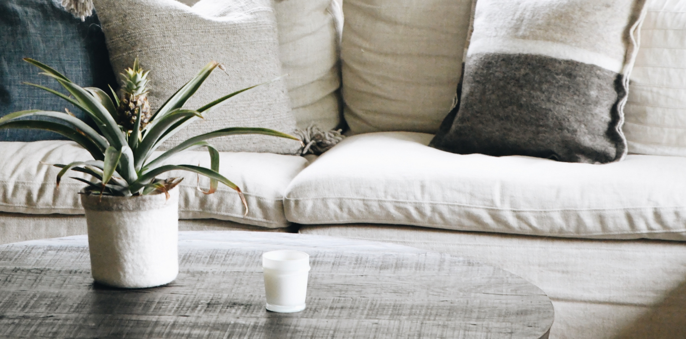 grey couch with pillows and a dark wooden coffee table with a candle and a plant on top