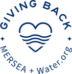 Giving back Mersea+water.org cicurlar logo with heart in the middle