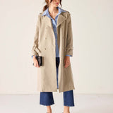 Classic khaki trench coat with a double-breasted design and buttoned cuffs.