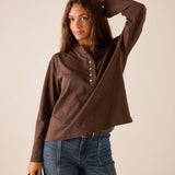 Espresso brown long-sleeved knit Henley top with buttoned ruffle detail.