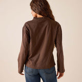 Back view of women's travel-friendly espresso brown long-sleeve ruffle henley top