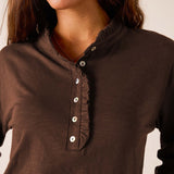 Espresso brown long sleeve ruffled henley top