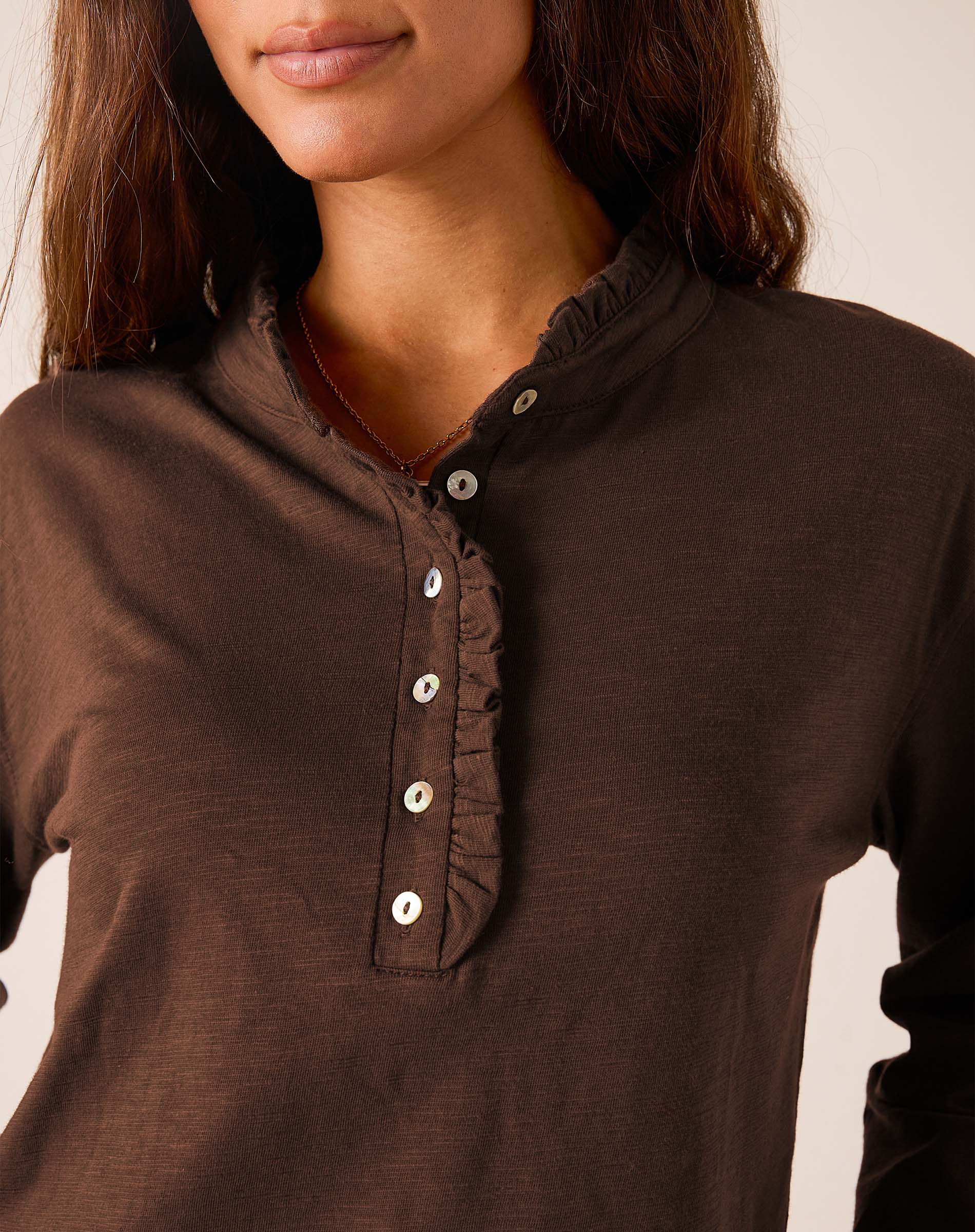 Espresso brown long sleeve ruffled henley top
