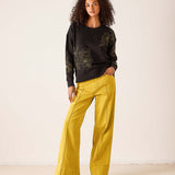 Ladies' travel-ready mustard yellow wide-leg 5-pocket jeans