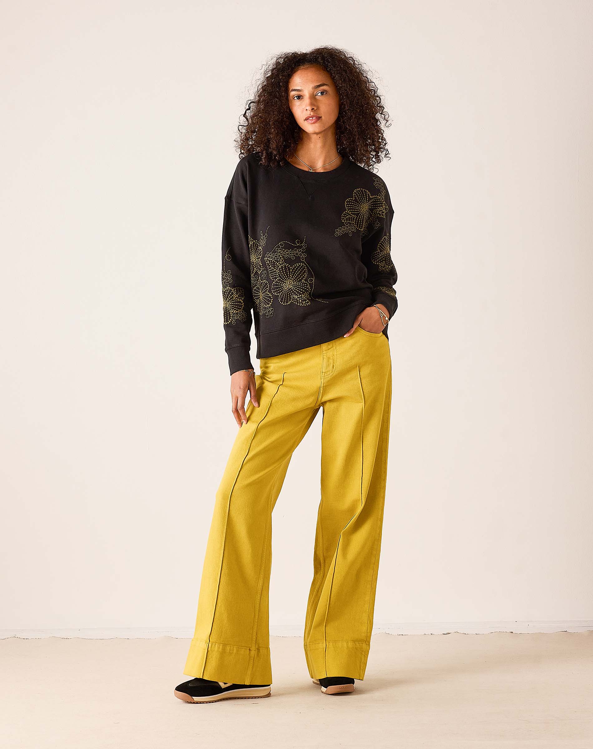 Ladies' travel-ready mustard yellow wide-leg 5-pocket jeans