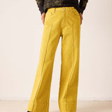 Mustard yellow wide-leg 5-pocket jeans with vertical seams and a relaxed fit.