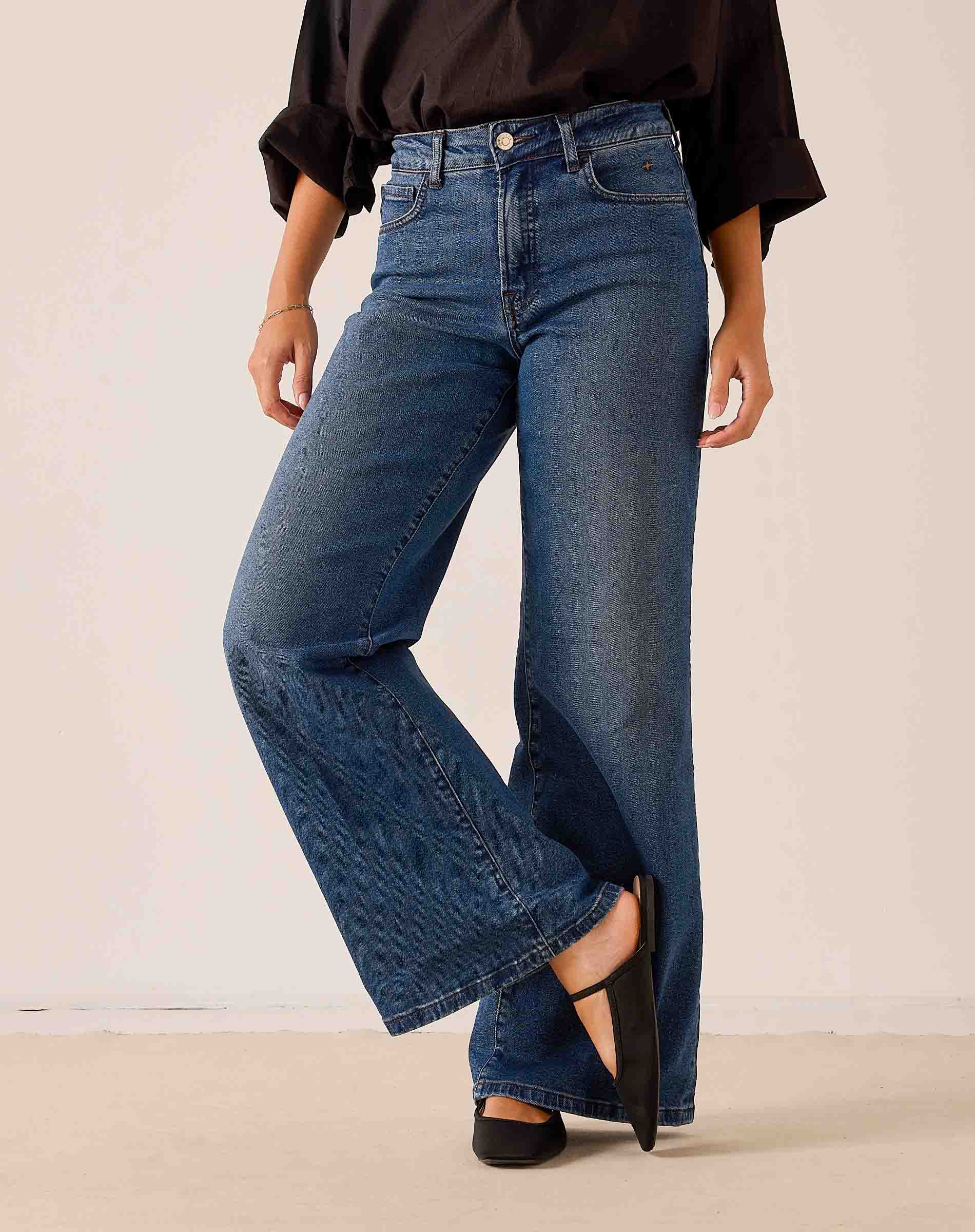 Medium blue wide-leg denim pants with a relaxed fit and flat front construction.
